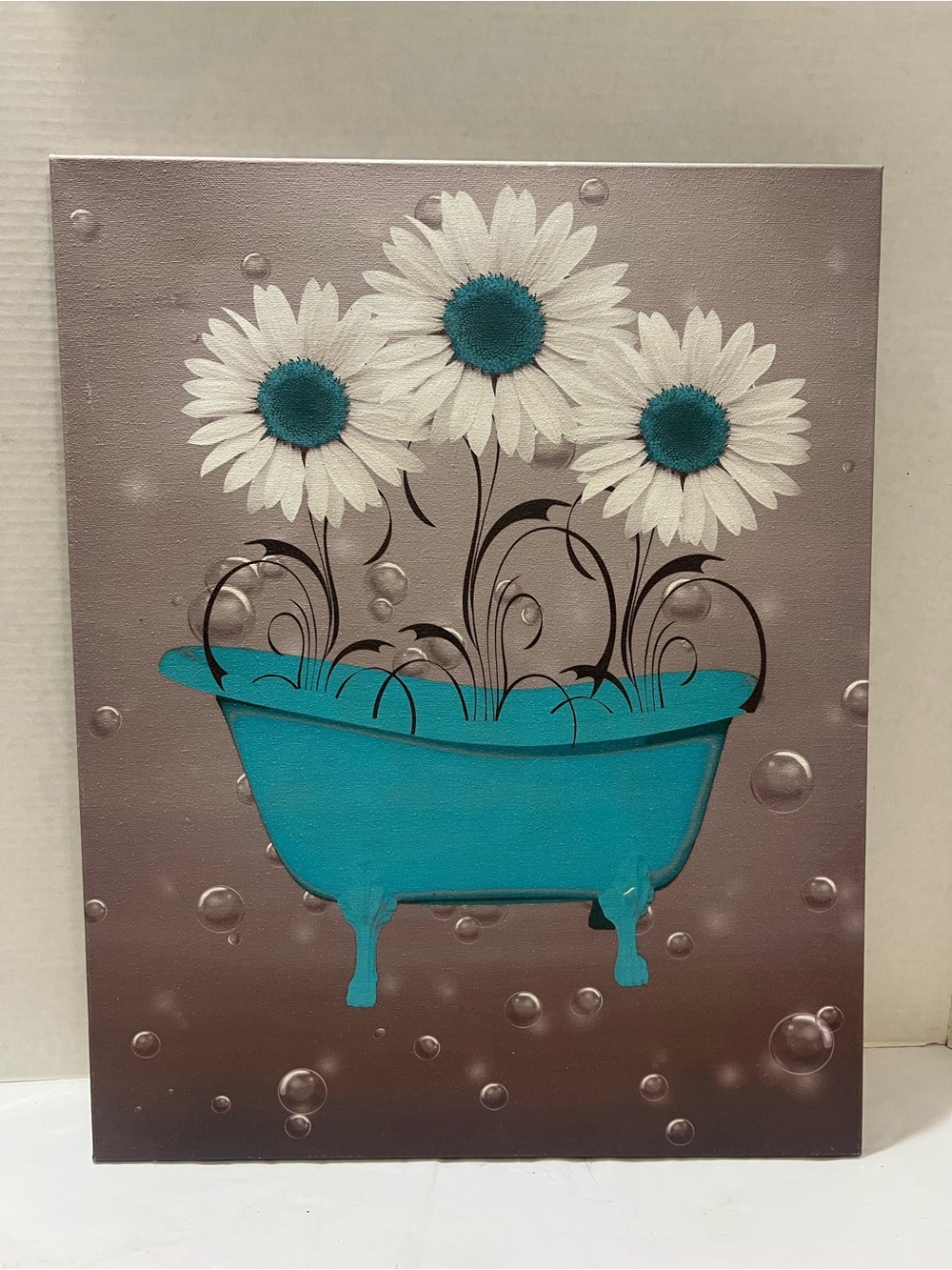 Teal Floral Wall Art for Living Room, Farmhouse Daisy Flowers in Bathtub 16”X20”